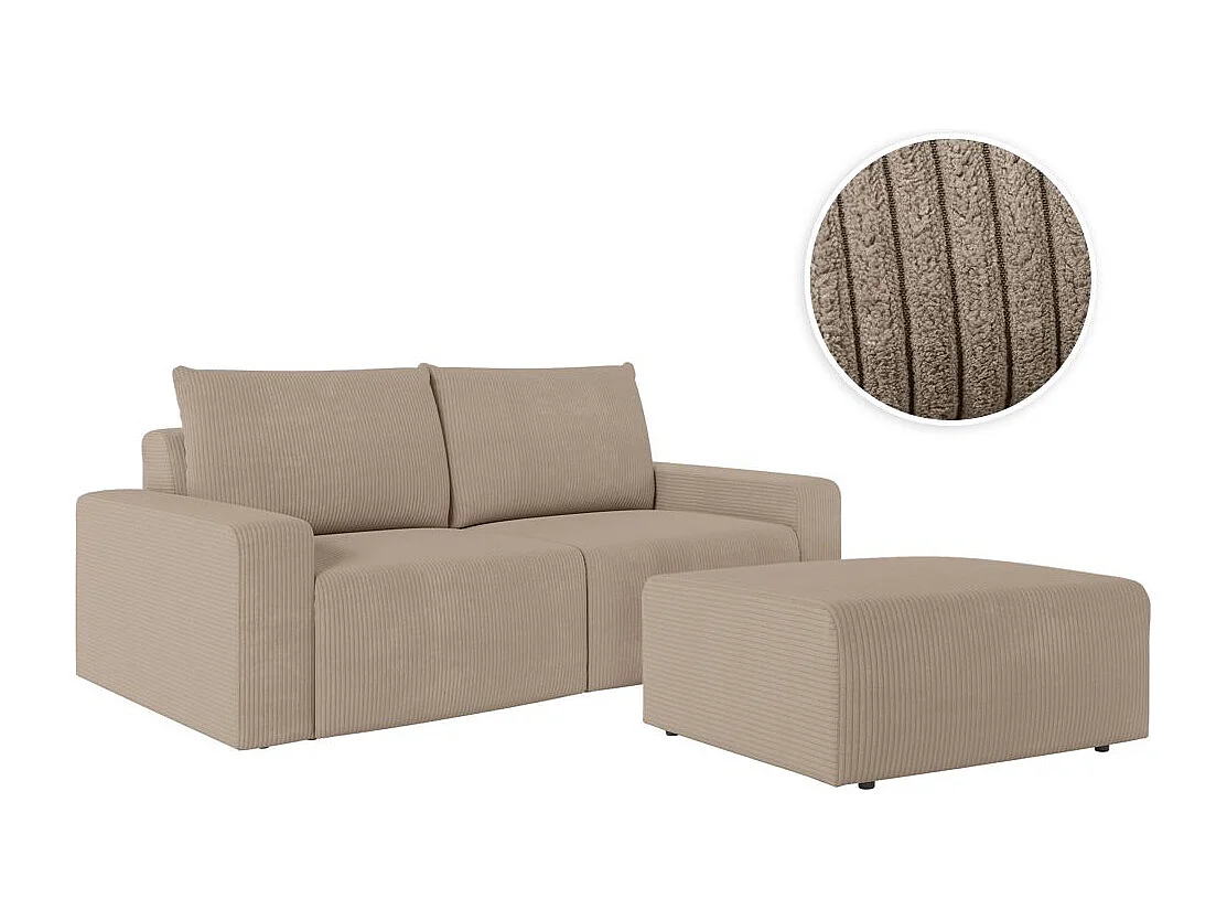 PACK - Canapé droit fixe 2 places ROMANE avec pouf en velours côtelé - Taupe