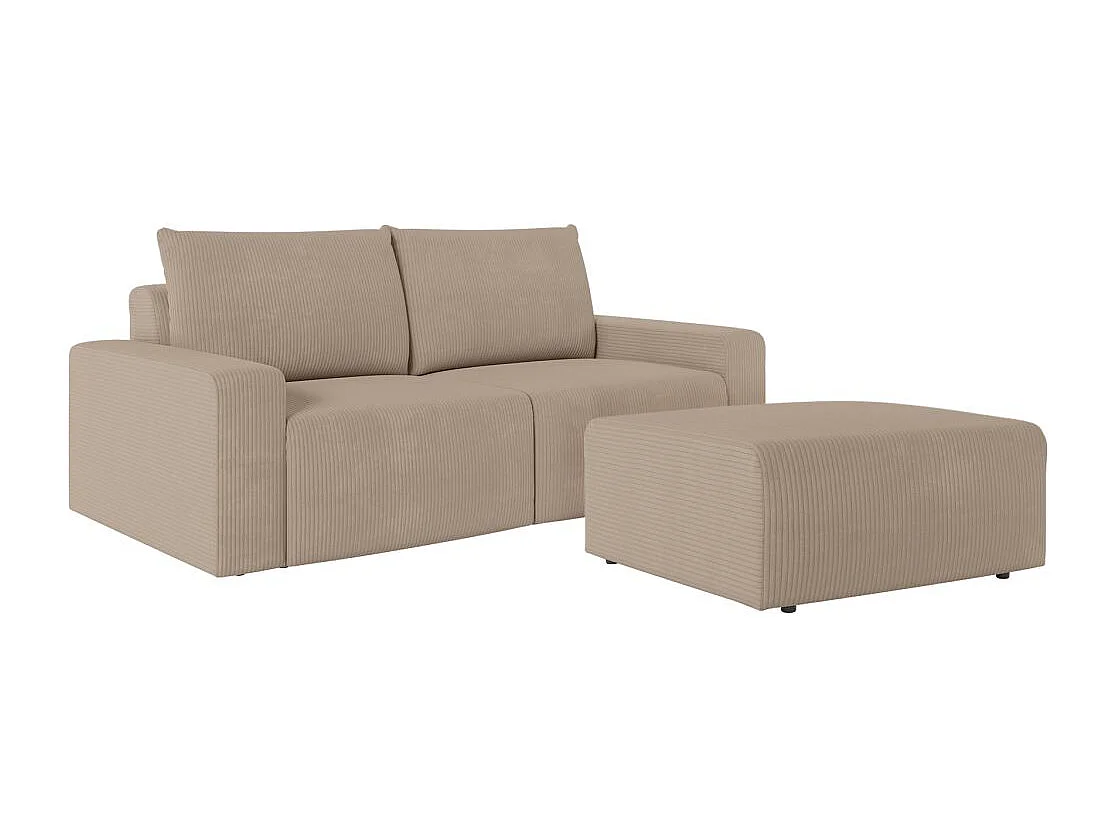 PACK - Canapé droit fixe 2 places ROMANE avec pouf en velours côtelé - Taupe