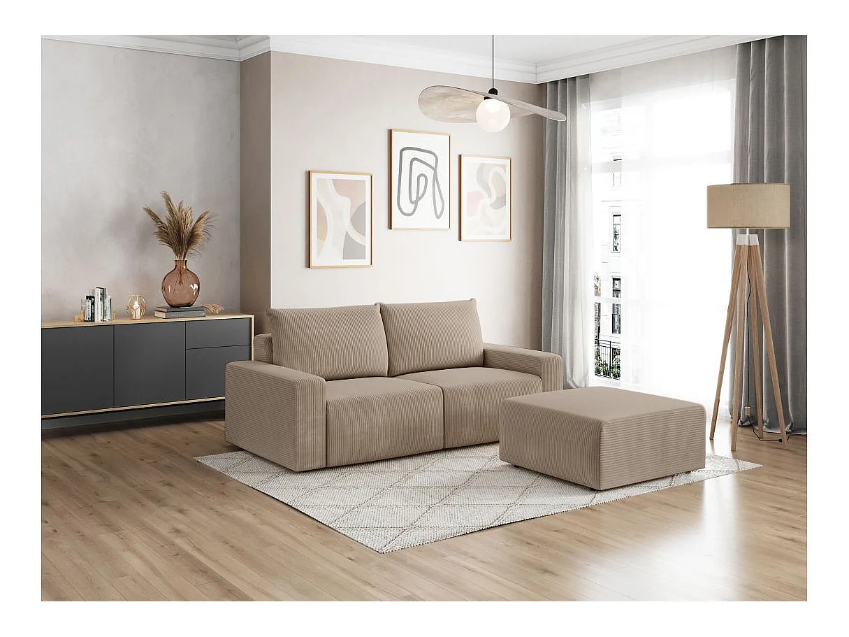 PACK - Canapé droit fixe 2 places ROMANE avec pouf en velours côtelé - Taupe