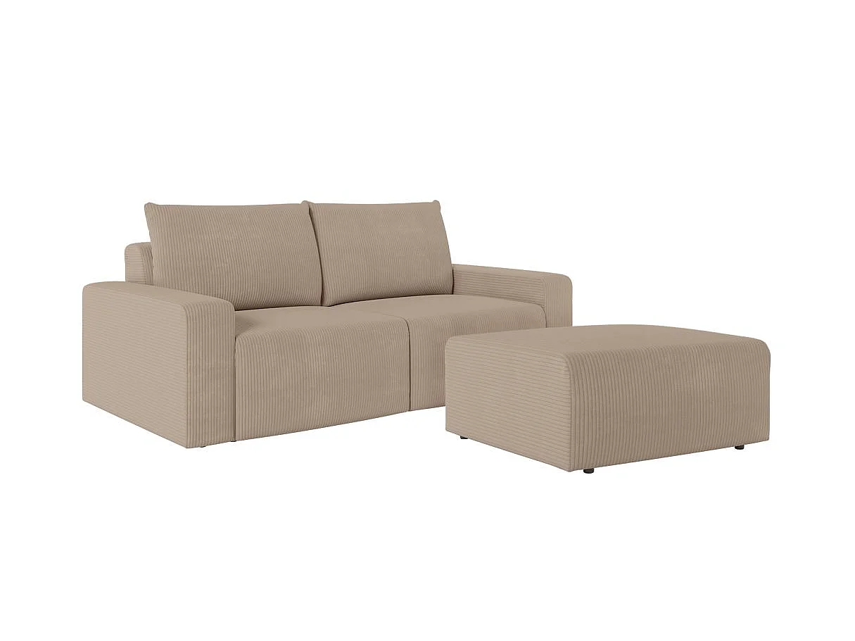 PACK - Canapé droit fixe 2 places ROMANE avec pouf en velours côtelé - Taupe