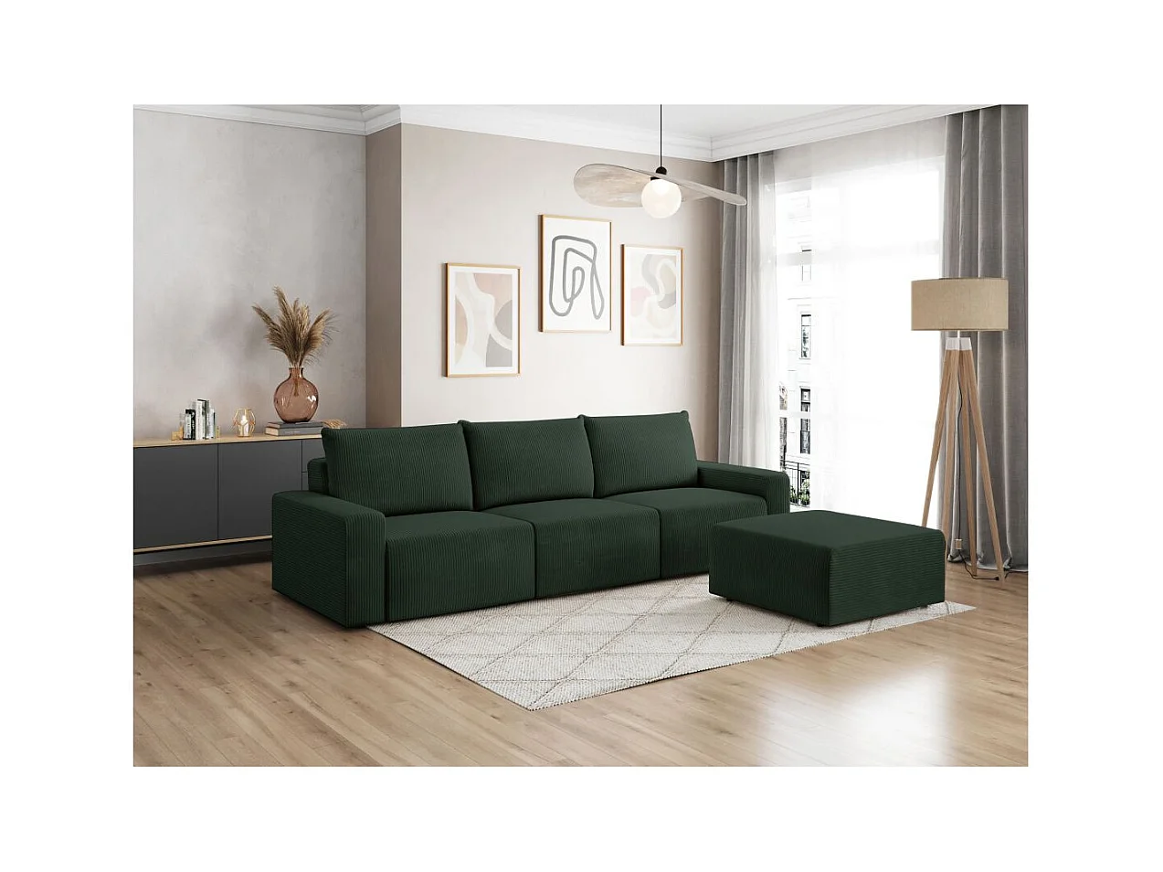 PACK - Canapé droit fixe 3 places ROMANE avec pouf en velours côtelé - Vert foncé