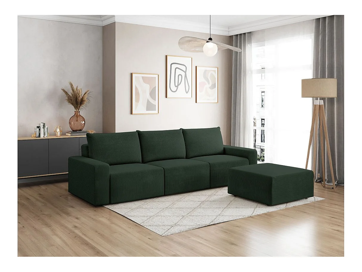 PACK - Canapé droit fixe 3 places ROMANE avec pouf en velours côtelé - Vert foncé