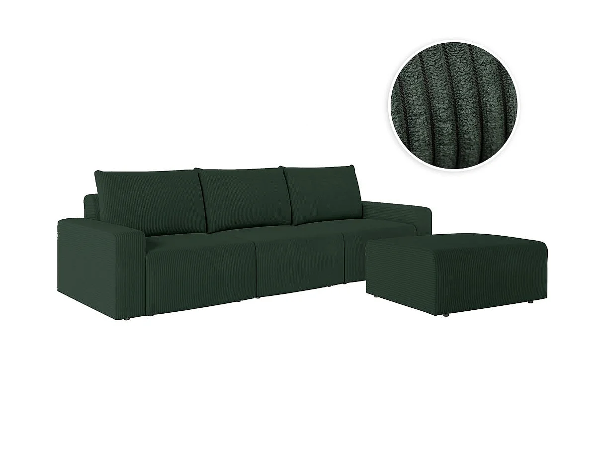 PACK - Canapé droit fixe 3 places ROMANE avec pouf en velours côtelé - Vert foncé