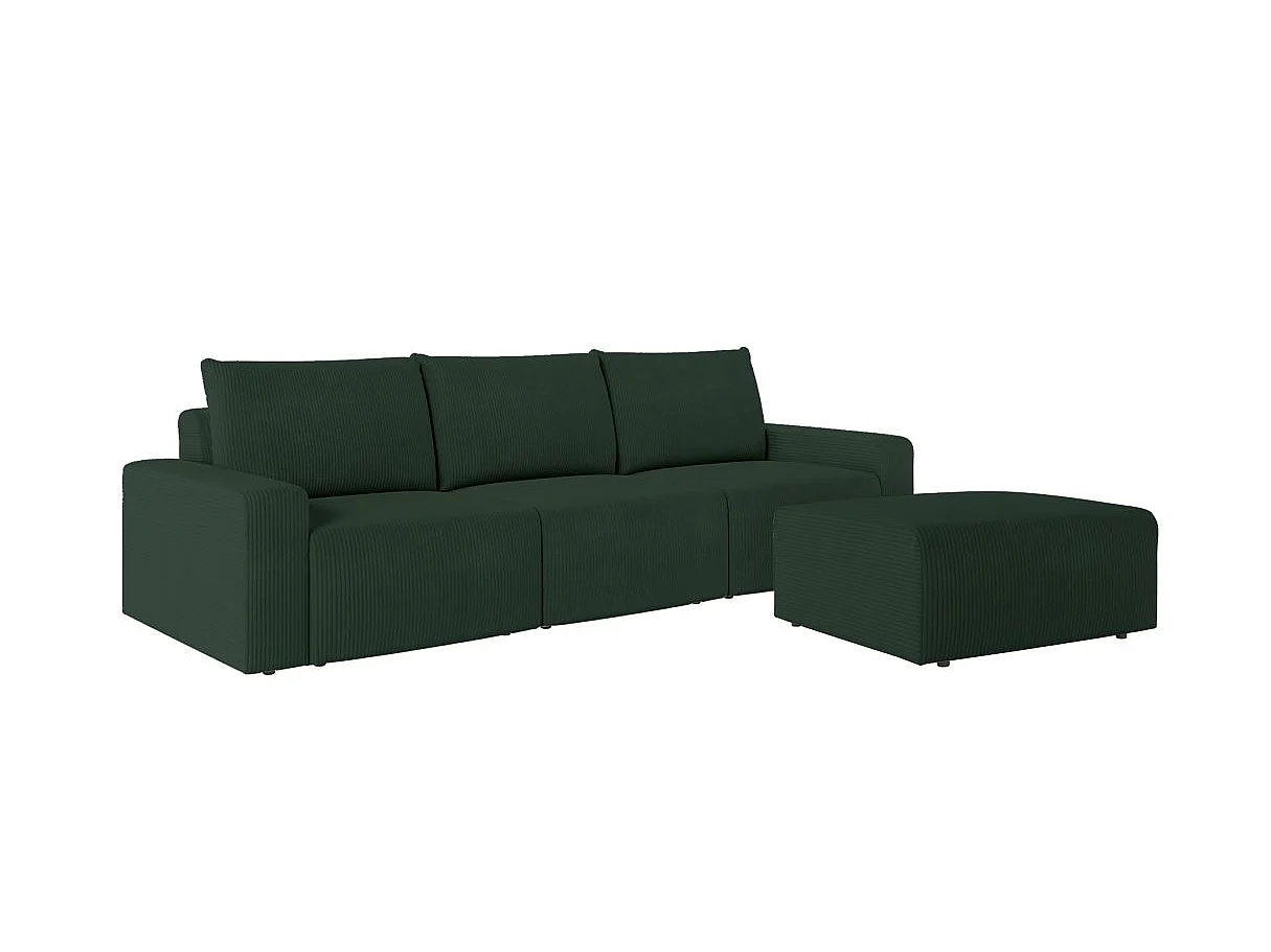 PACK - Canapé droit fixe 3 places ROMANE avec pouf en velours côtelé - Vert foncé
