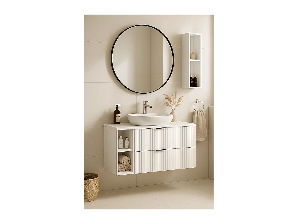 Meuble sous vasque FLOW 100 cm blanc avec étagère et plan chêne craft doré, surface cannelée