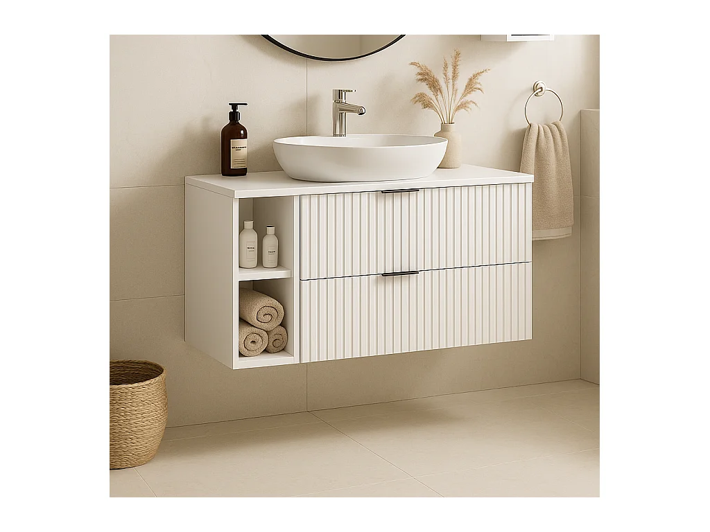 Meuble sous vasque FLOW 100 cm blanc avec étagère et plan chêne craft doré, surface cannelée