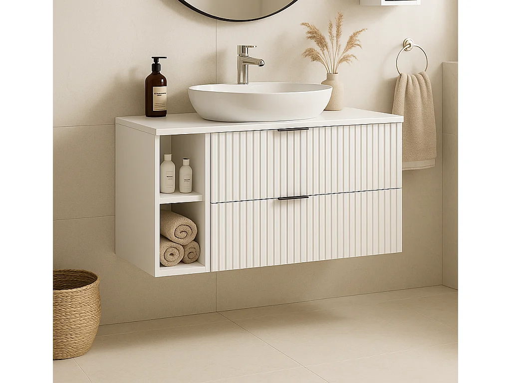 Meuble sous vasque FLOW 100 cm blanc avec étagère et plan chêne craft doré, surface cannelée