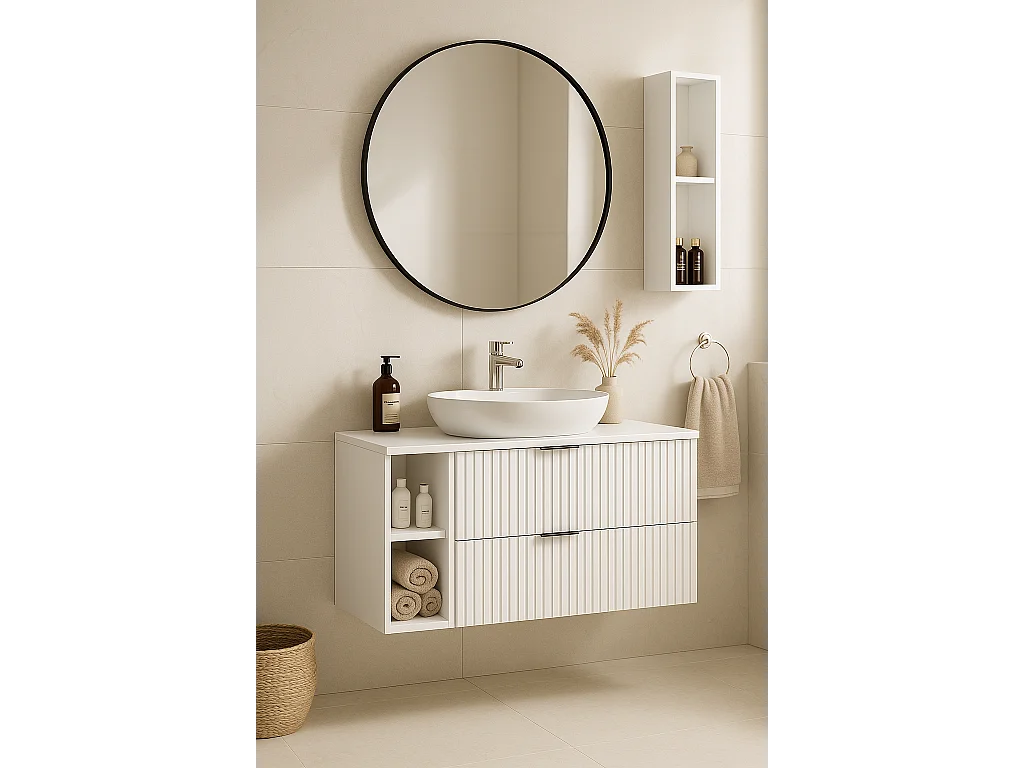 Meuble sous vasque FLOW 100 cm blanc avec étagère et plan chêne craft doré, surface cannelée