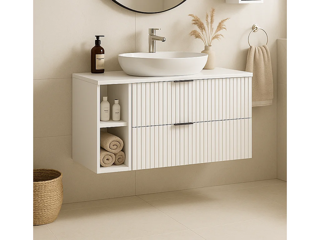 Meuble sous vasque FLOW 100 cm blanc avec étagère et plan chêne craft doré, surface cannelée