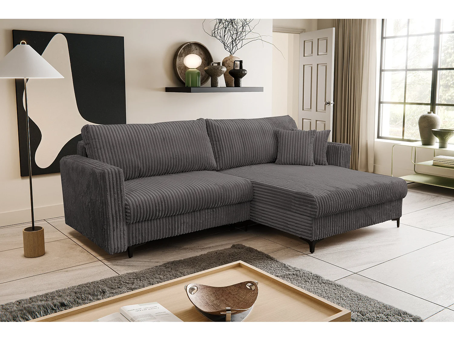 Canapé d'angle Como avec fonction couchage et coffre de rangement, couleur : gris, tissu cordé, pouf à droite