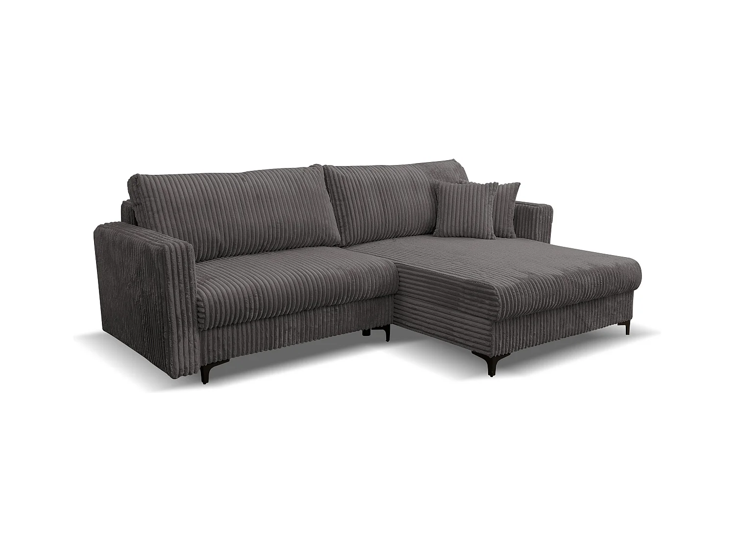 Canapé d'angle Como avec fonction couchage et coffre de rangement, couleur : gris, tissu cordé, pouf à droite