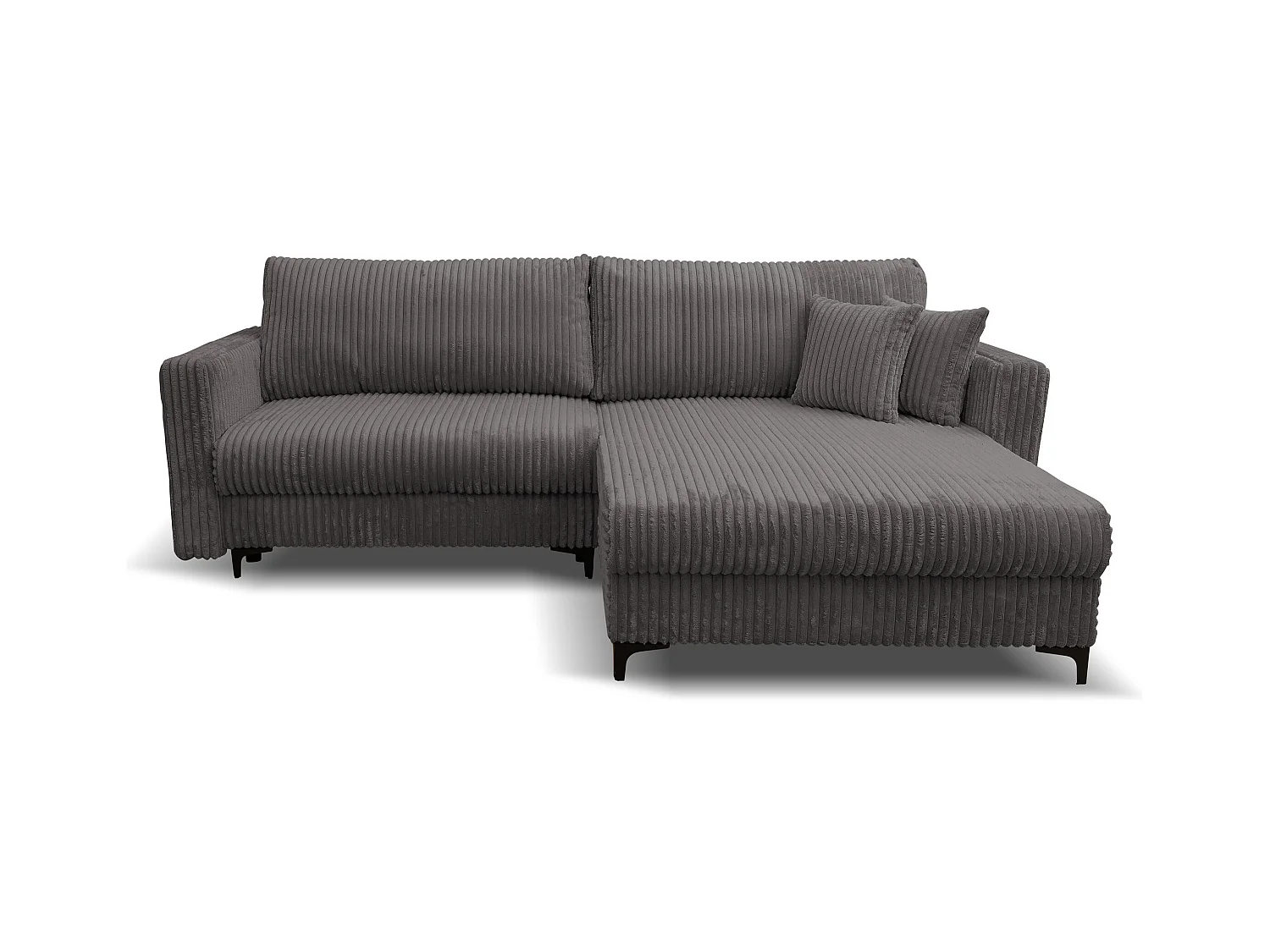 Canapé d'angle Como avec fonction couchage et coffre de rangement, couleur : gris, tissu cordé, pouf à droite