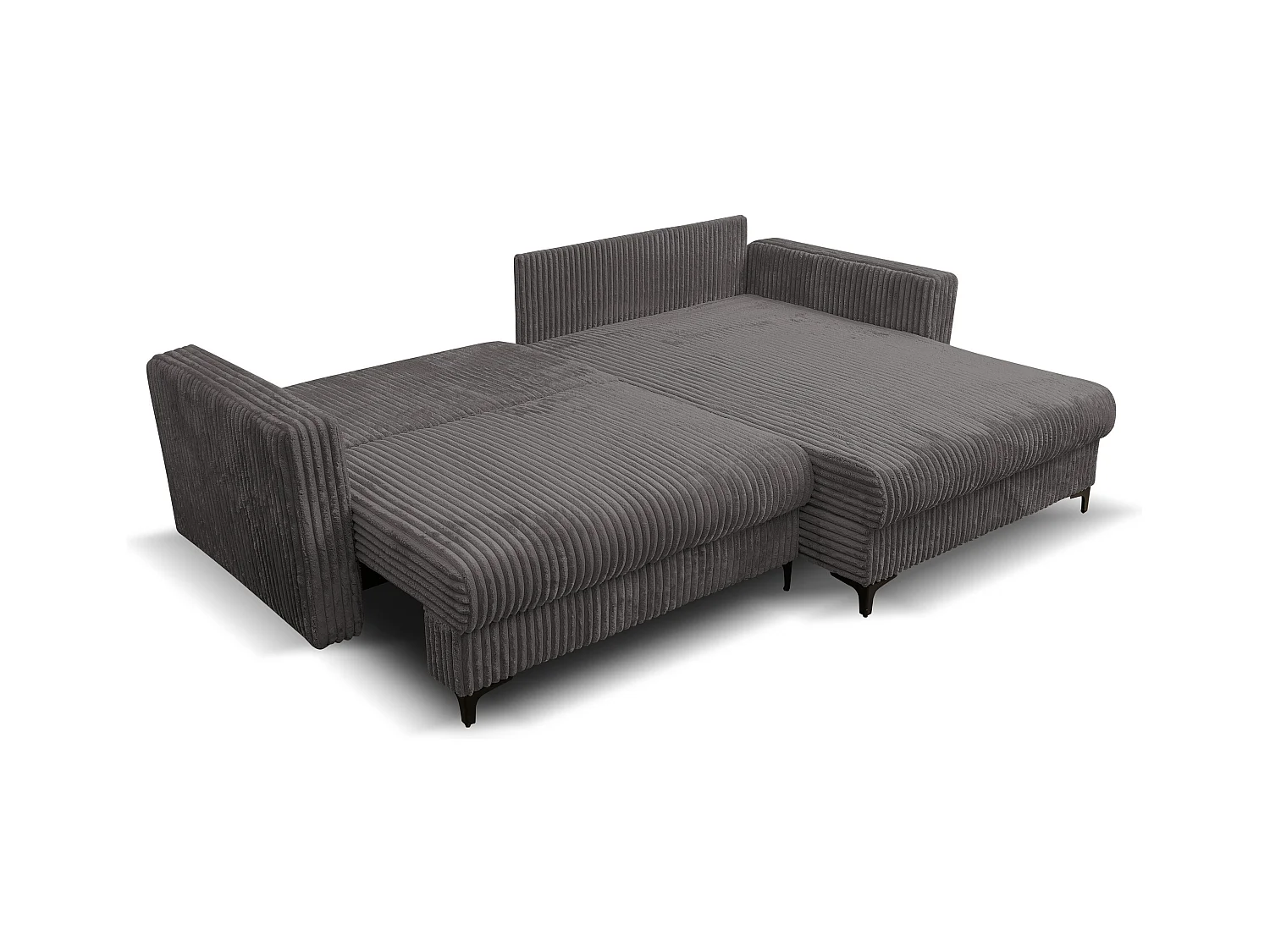 Canapé d'angle Como avec fonction couchage et coffre de rangement, couleur : gris, tissu cordé, pouf à droite