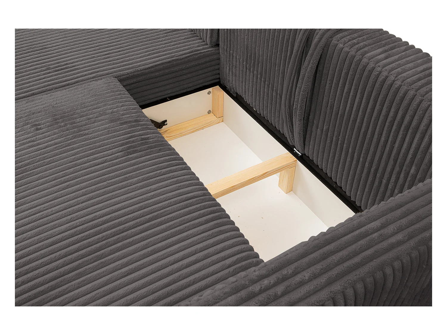 Canapé d'angle Como avec fonction couchage et coffre de rangement, couleur : gris, tissu cordé, pouf à droite