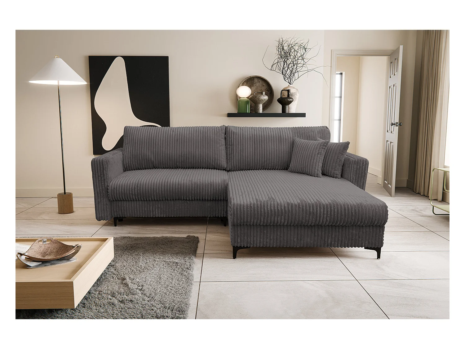 Canapé d'angle Como avec fonction couchage et coffre de rangement, couleur : gris, tissu cordé, pouf à droite