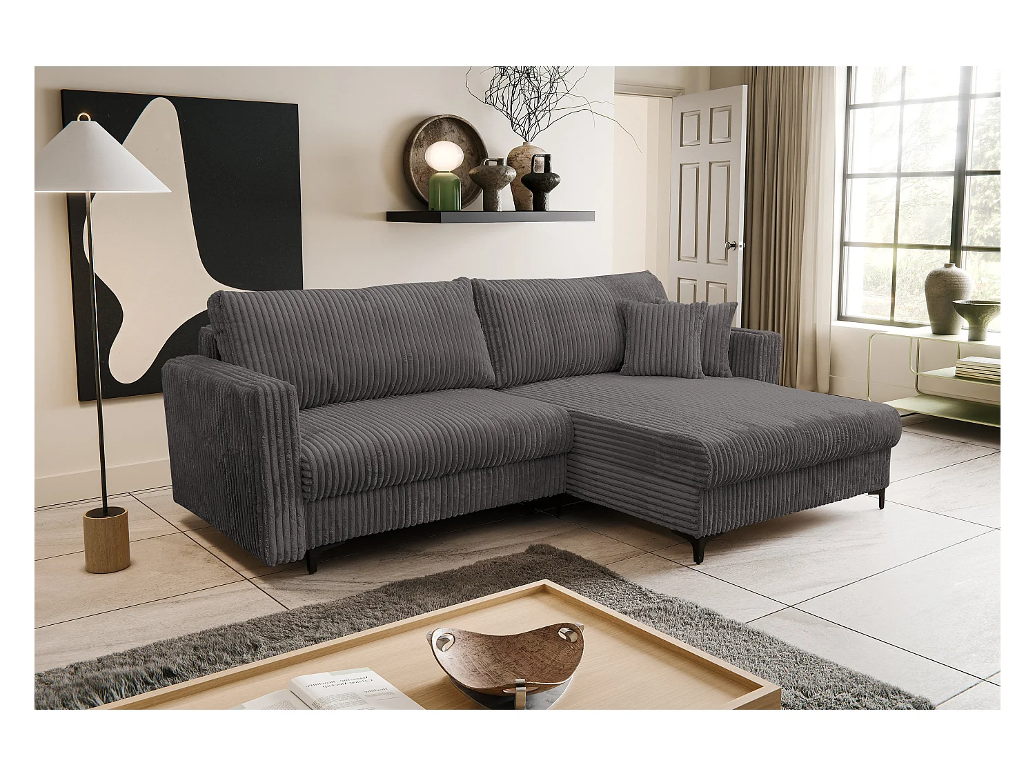 Hoekbank Como, hoekbank in L-vorm met slaapfunctie en bedbak, kleur: grijs, corduroy, ottomane rechts