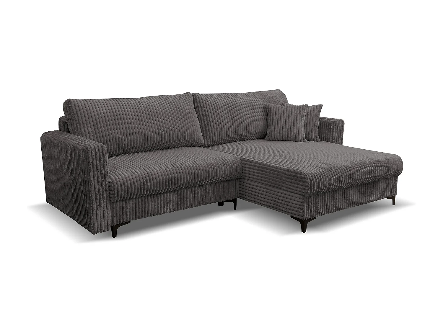 Canapé d'angle Como avec fonction couchage et coffre de rangement, couleur : gris, tissu cordé, pouf à droite