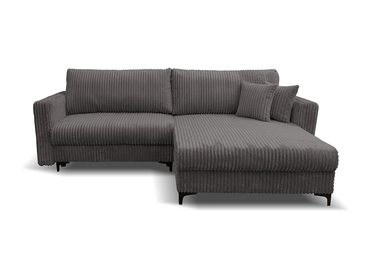 Canapé d'angle Como avec fonction couchage et coffre de rangement, couleur : gris, tissu cordé, pouf à droite