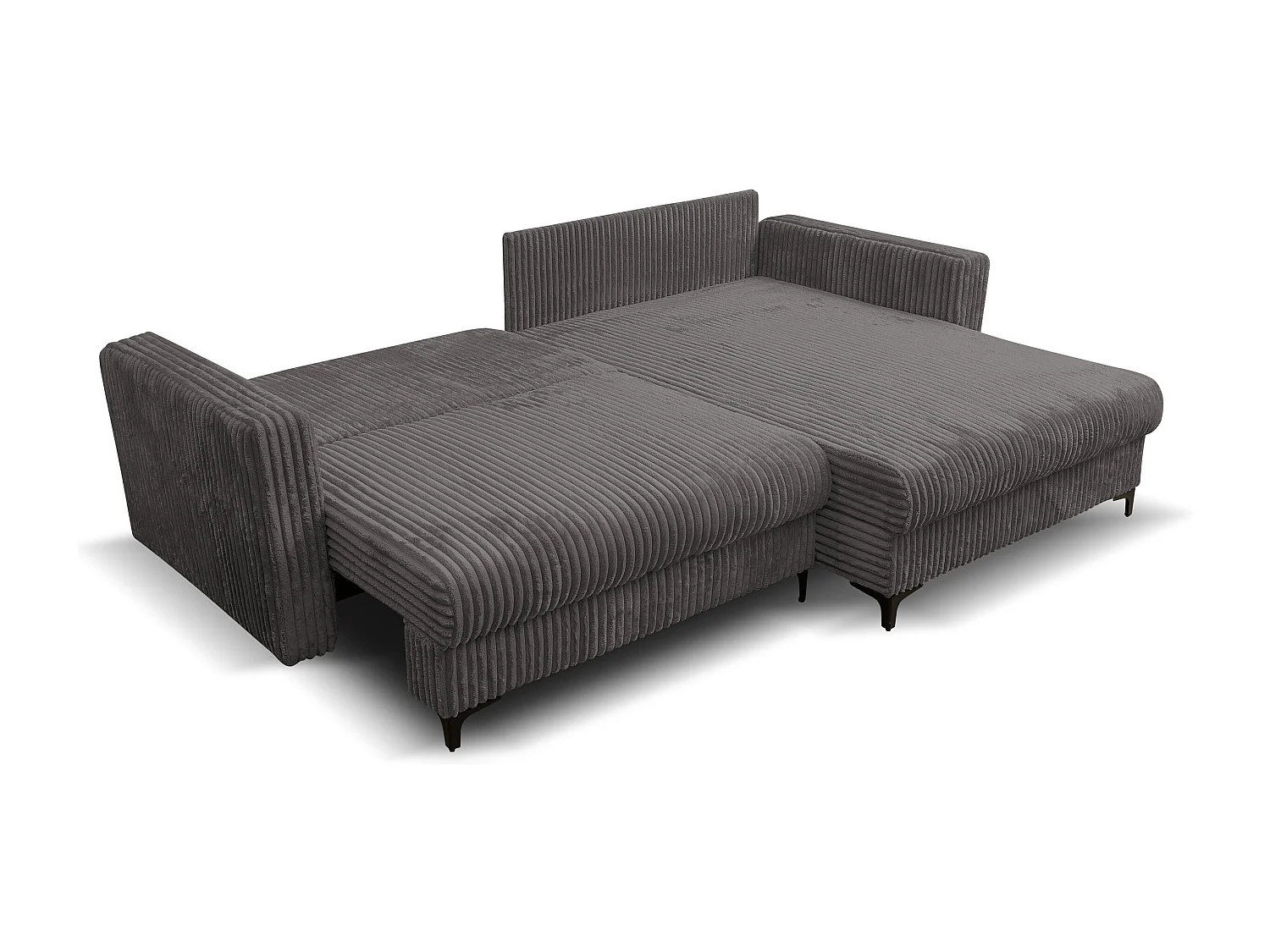 Canapé d'angle Como avec fonction couchage et coffre de rangement, couleur : gris, tissu cordé, pouf à droite