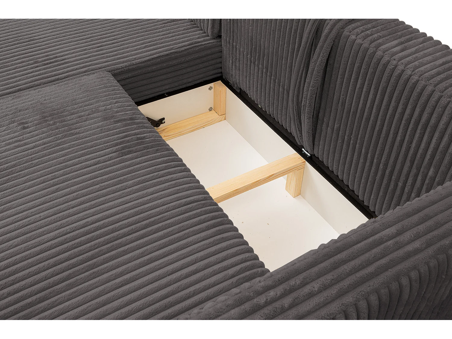 Canapé d'angle Como avec fonction couchage et coffre de rangement, couleur : gris, tissu cordé, pouf à droite