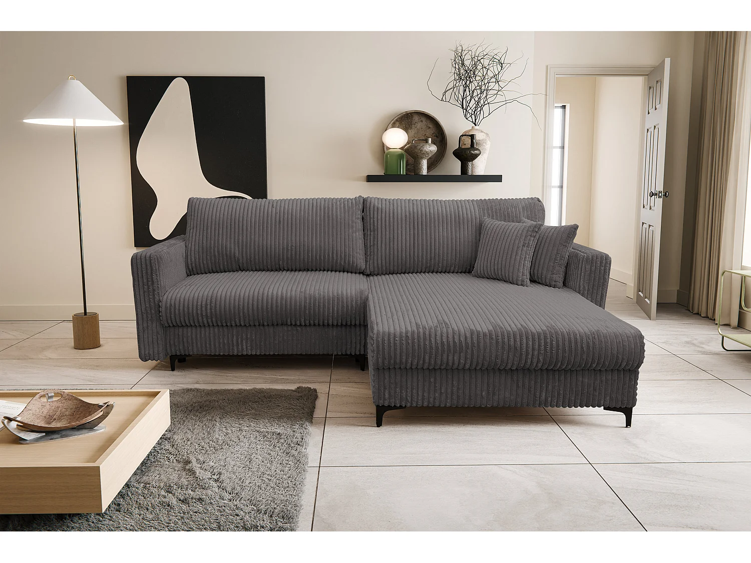 Canapé d'angle Como avec fonction couchage et coffre de rangement, couleur : gris, tissu cordé, pouf à droite