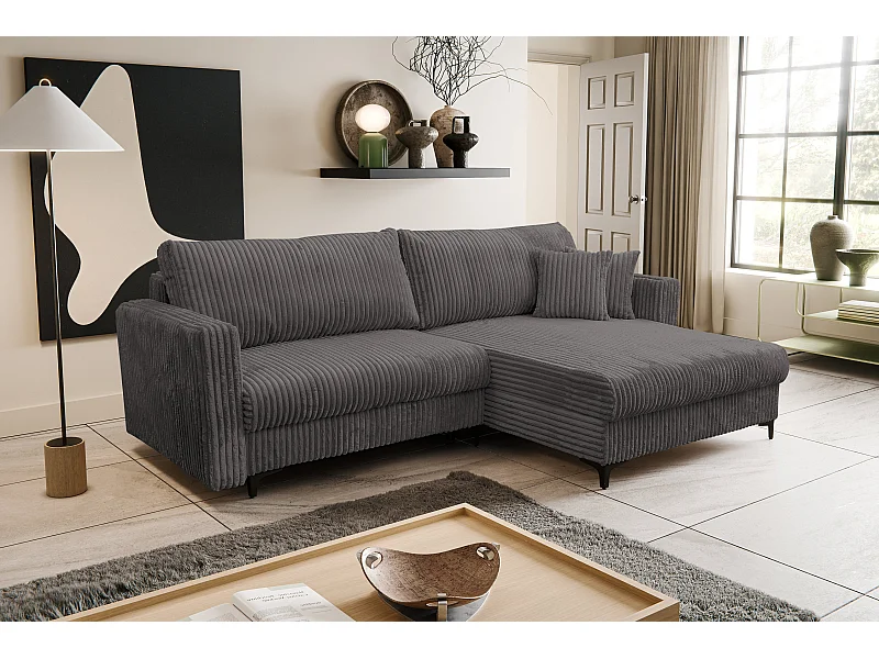 Canapé d'angle Como avec fonction couchage et coffre de rangement, couleur : gris, tissu cordé, pouf à droite