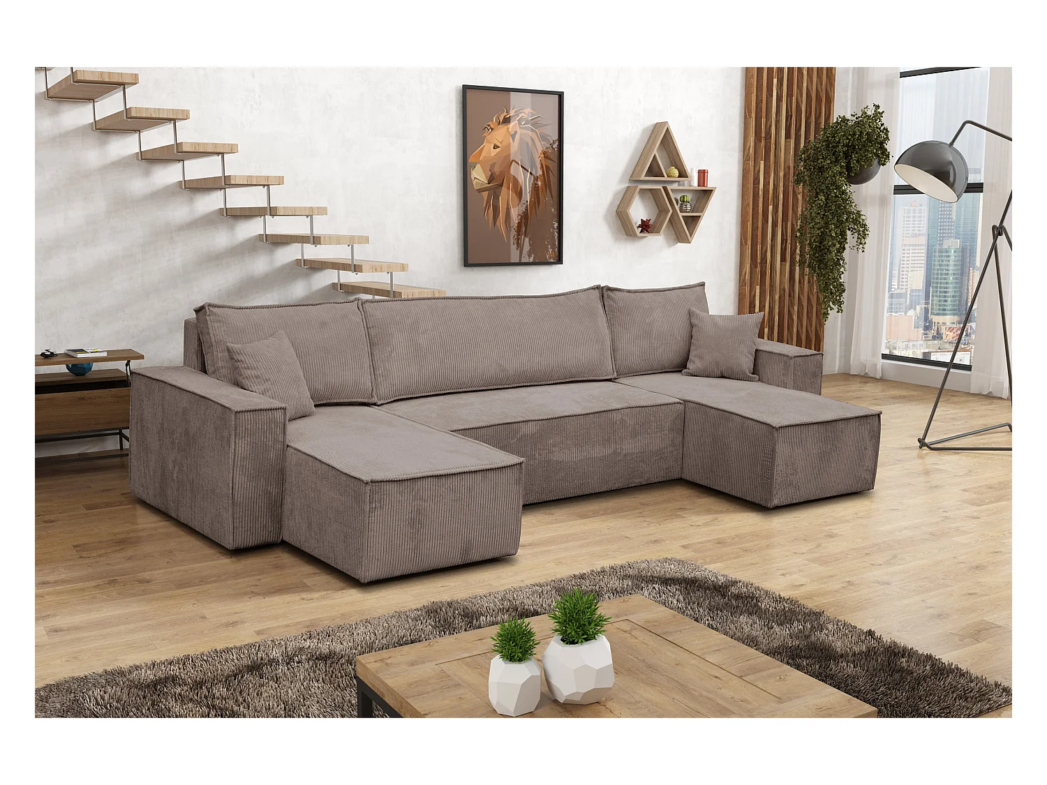 Ensemble de salon Hugo U, canapé en U avec fonction couchage et coffre de rangement, couleur : marron clair, tissu cordé