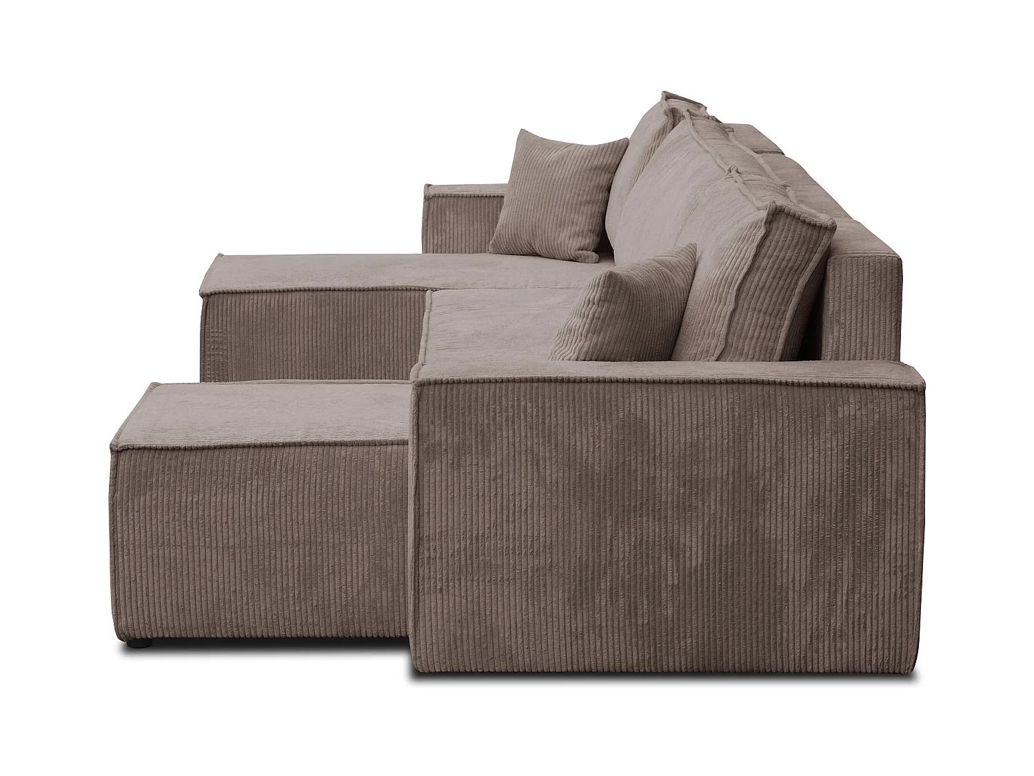 Ensemble de salon Hugo U, canapé en U avec fonction couchage et coffre de rangement, couleur : marron clair, tissu cordé