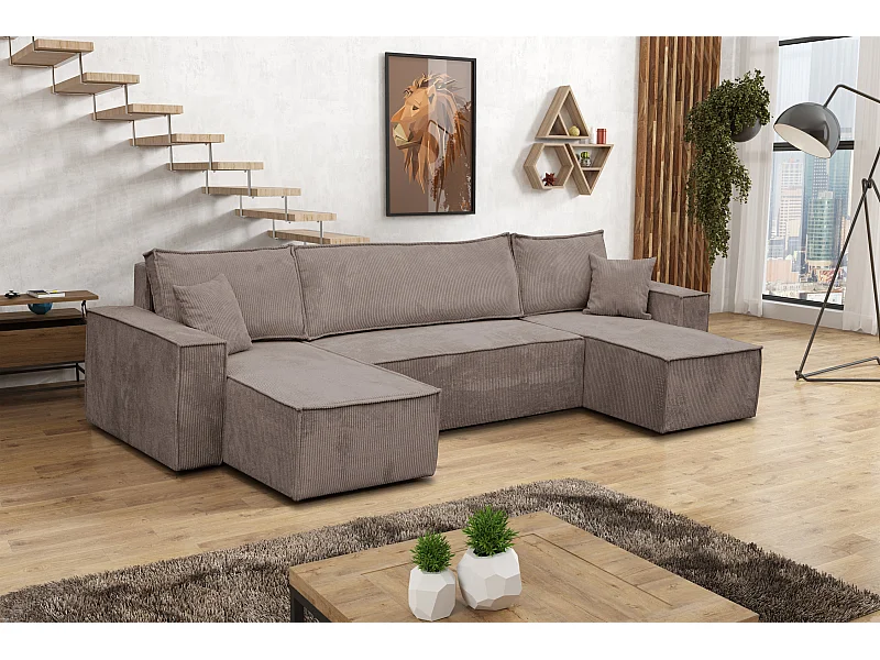 Ensemble de salon Hugo U, canapé en U avec fonction couchage et coffre de rangement, couleur : marron clair, tissu cordé