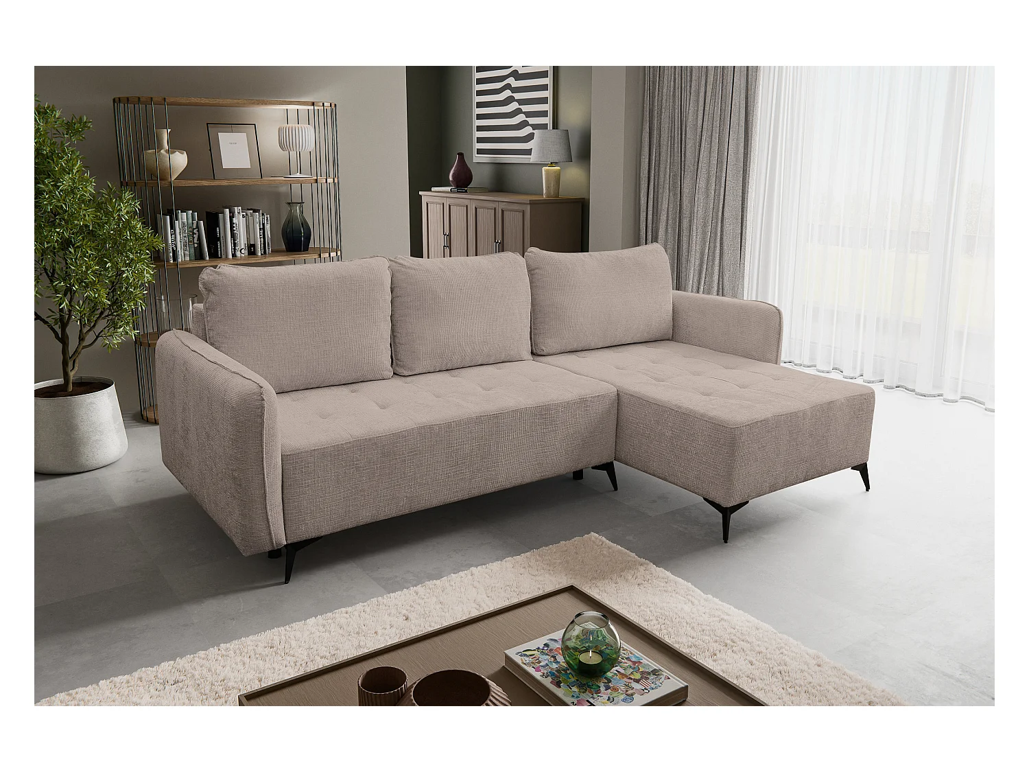 Canapé d'angle Lucky avec fonction couchage et coffre de rangement, couleur : marron, tissu structuré, pouf à gauche ou à droite