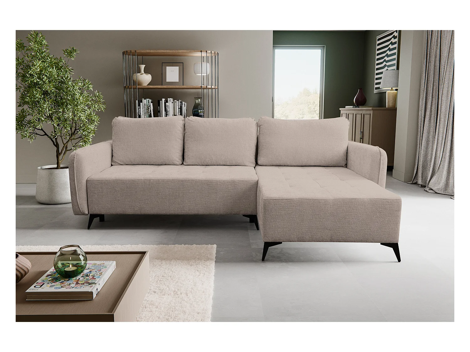 Canapé d'angle Lucky avec fonction couchage et coffre de rangement, couleur : marron, tissu structuré, pouf à gauche ou à droite