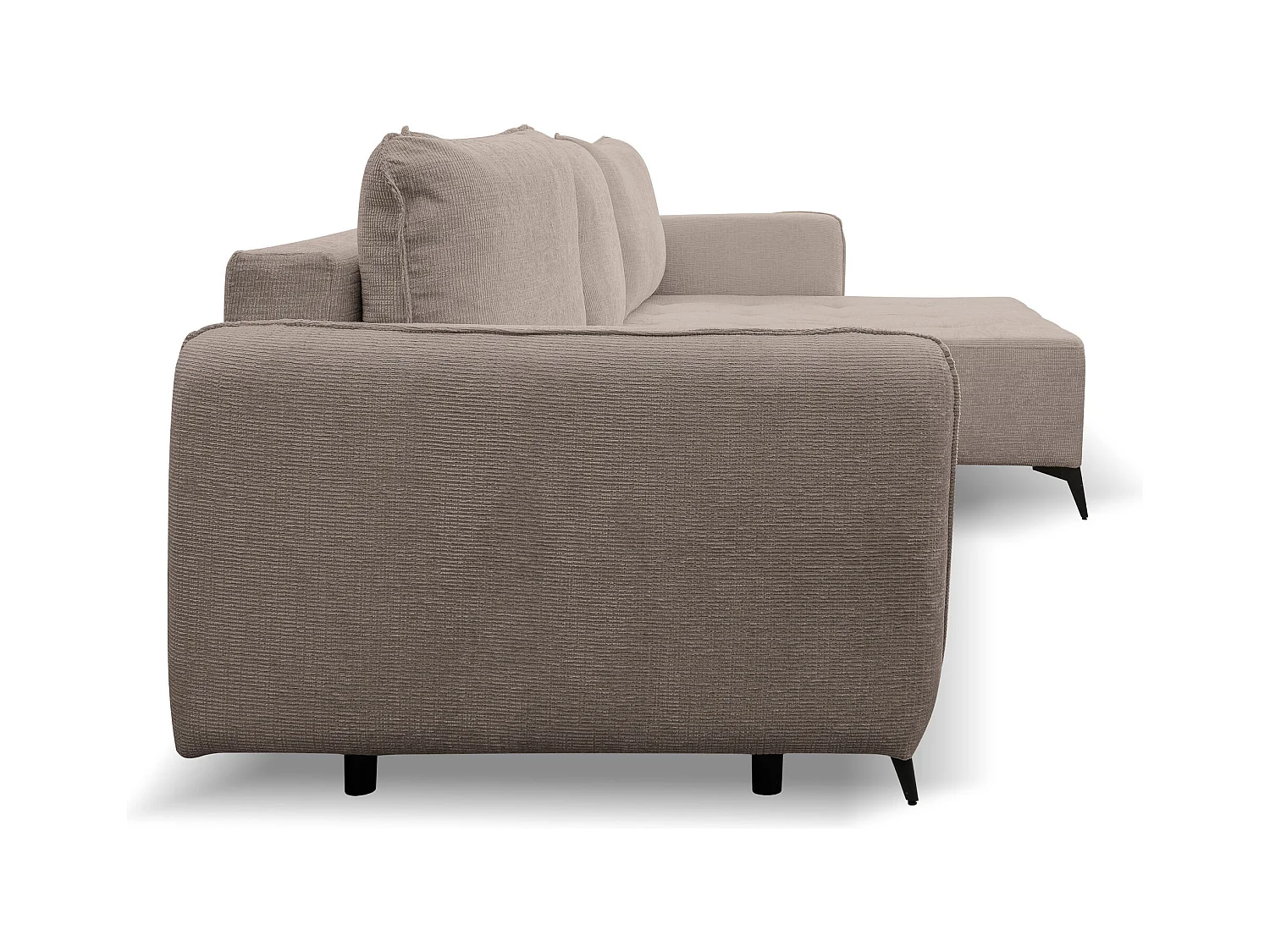 Canapé d'angle Lucky avec fonction couchage et coffre de rangement, couleur : marron, tissu structuré, pouf à gauche ou à droite