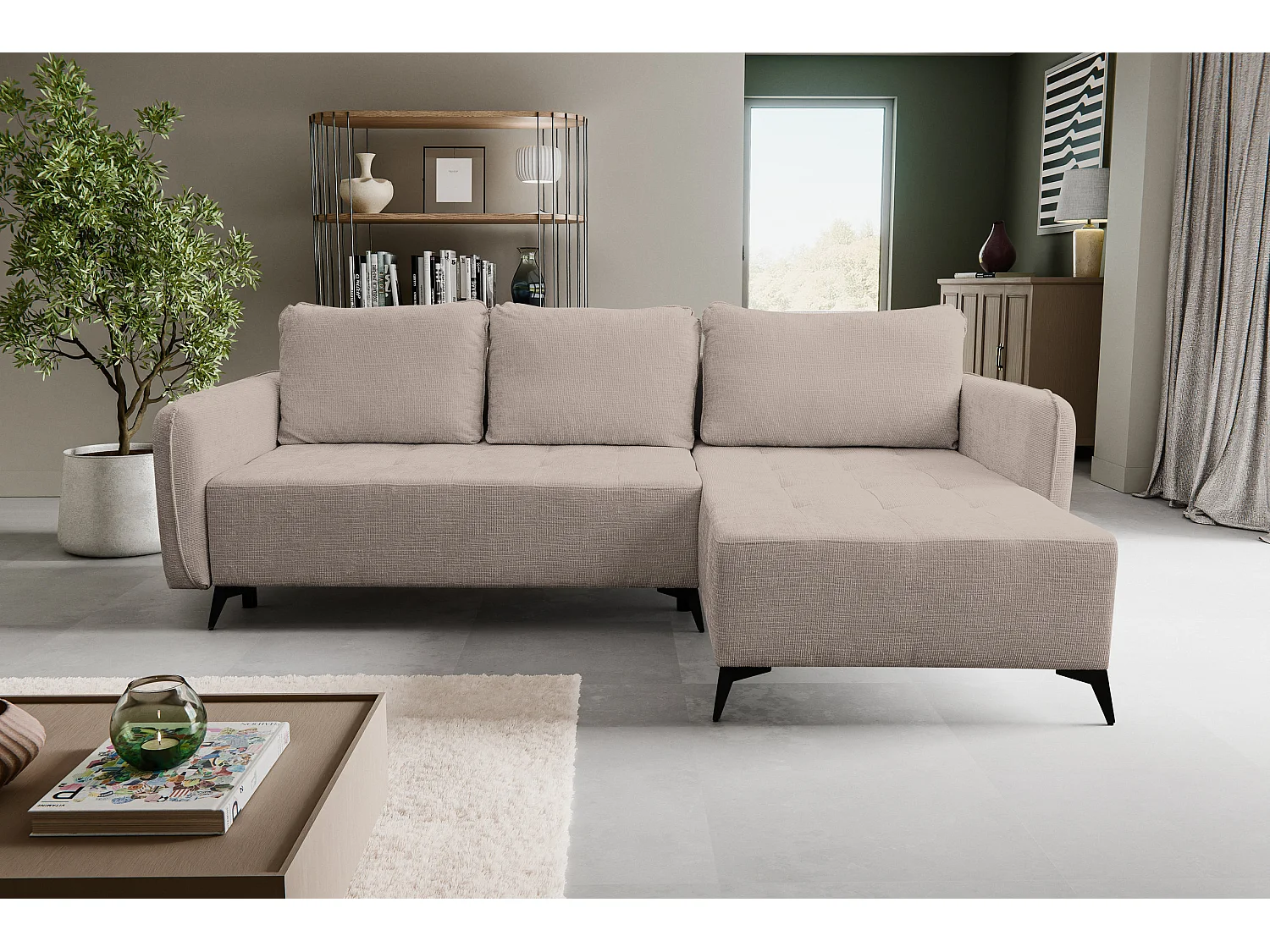 Canapé d'angle Lucky avec fonction couchage et coffre de rangement, couleur : marron, tissu structuré, pouf à gauche ou à droite