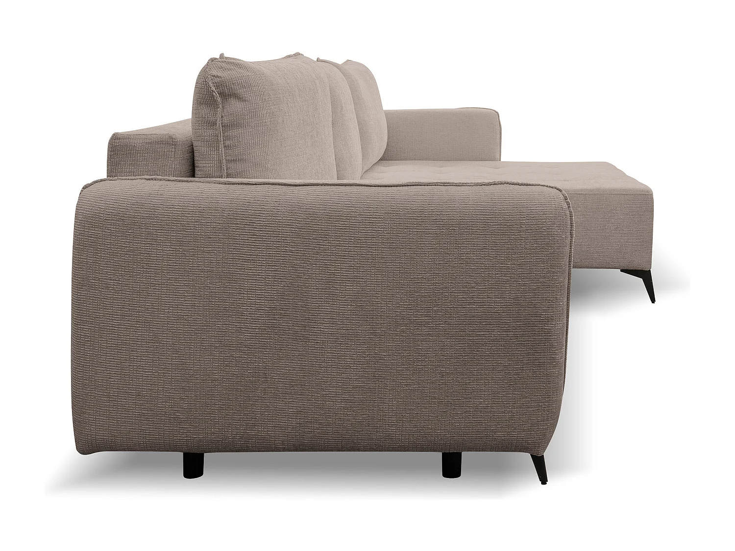 Canapé d'angle Lucky avec fonction couchage et coffre de rangement, couleur : marron, tissu structuré, pouf à gauche ou à droite