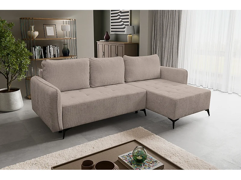 Canapé d'angle Lucky avec fonction couchage et coffre de rangement, couleur : marron, tissu structuré, pouf à gauche ou à droite