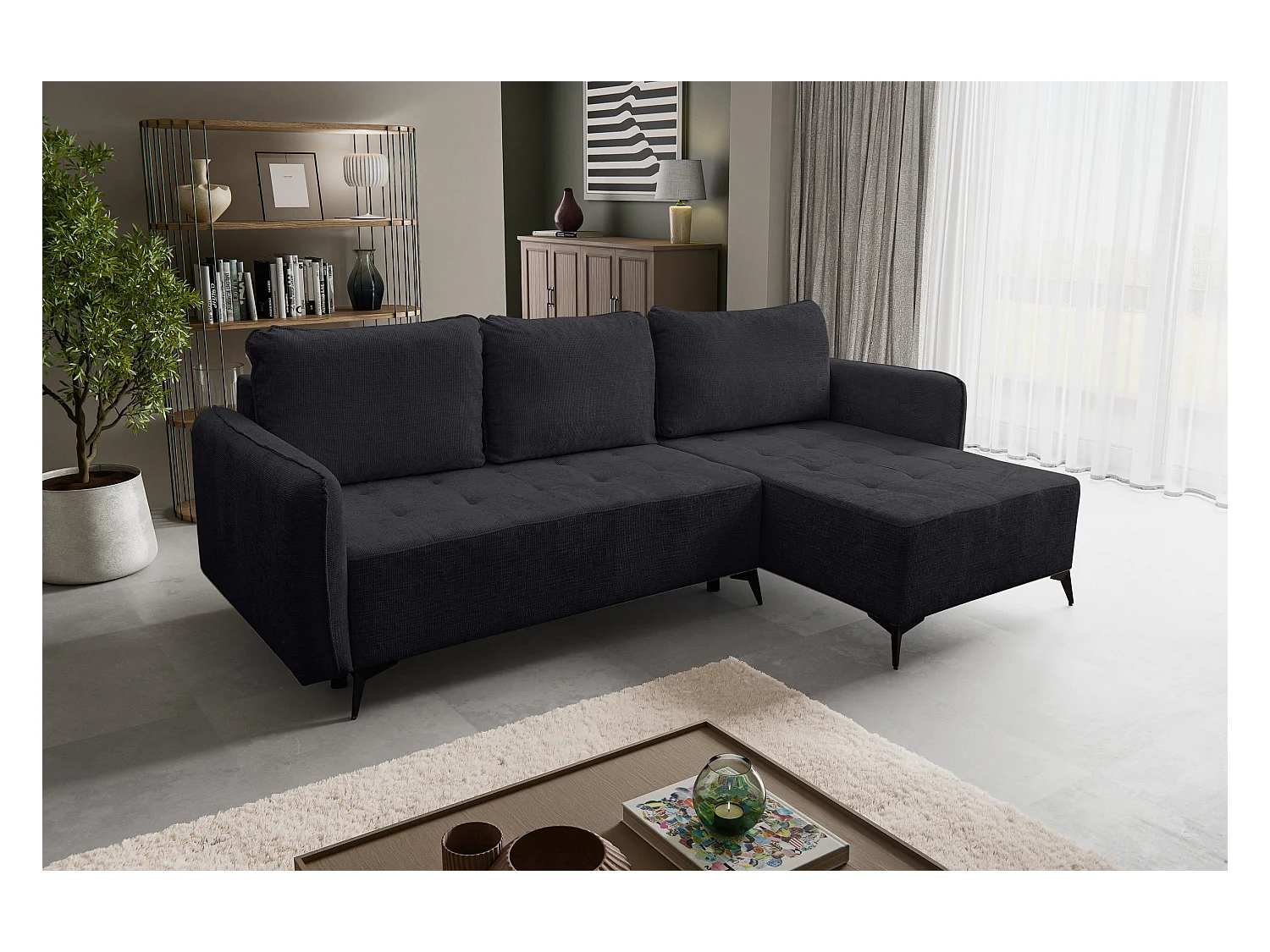 Canapé d'angle Lucky avec fonction couchage et coffre de rangement, couleur : noir, tissu structuré, pouf à gauche ou à droite