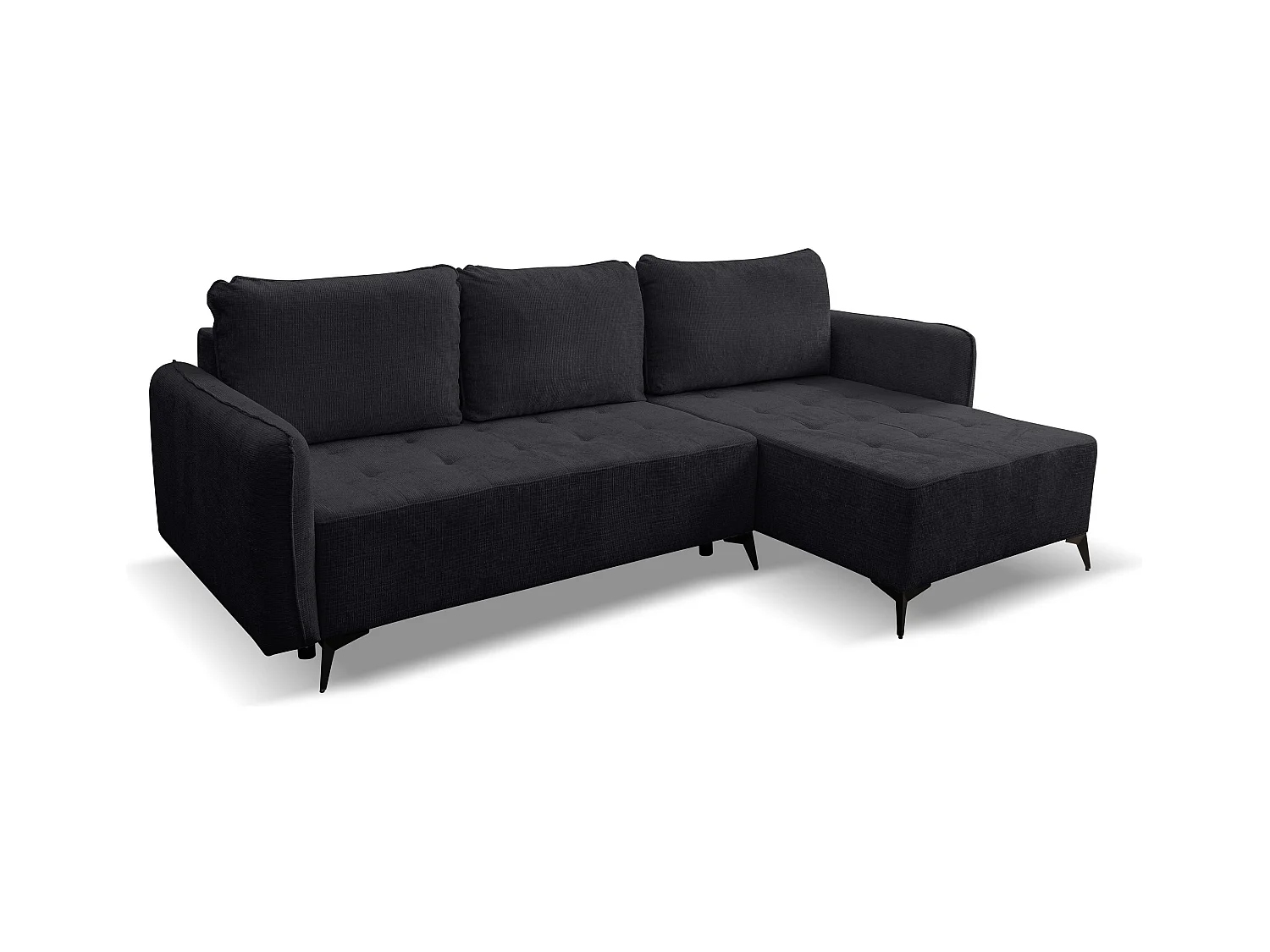 Canapé d'angle Lucky avec fonction couchage et coffre de rangement, couleur : noir, tissu structuré, pouf à gauche ou à droite