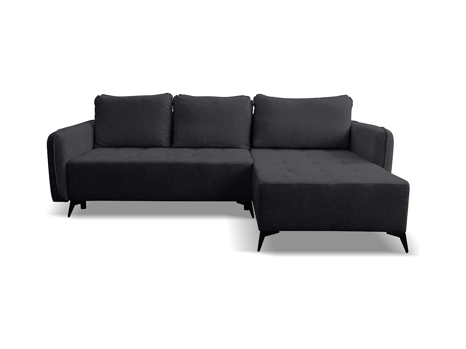 Canapé d'angle Lucky avec fonction couchage et coffre de rangement, couleur : noir, tissu structuré, pouf à gauche ou à droite