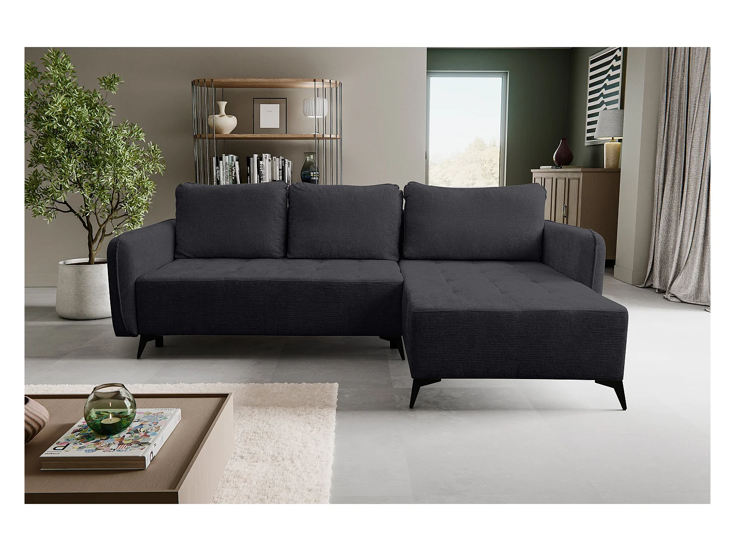 Canapé d'angle Lucky avec fonction couchage et coffre de rangement, couleur : noir, tissu structuré, pouf à gauche ou à droite