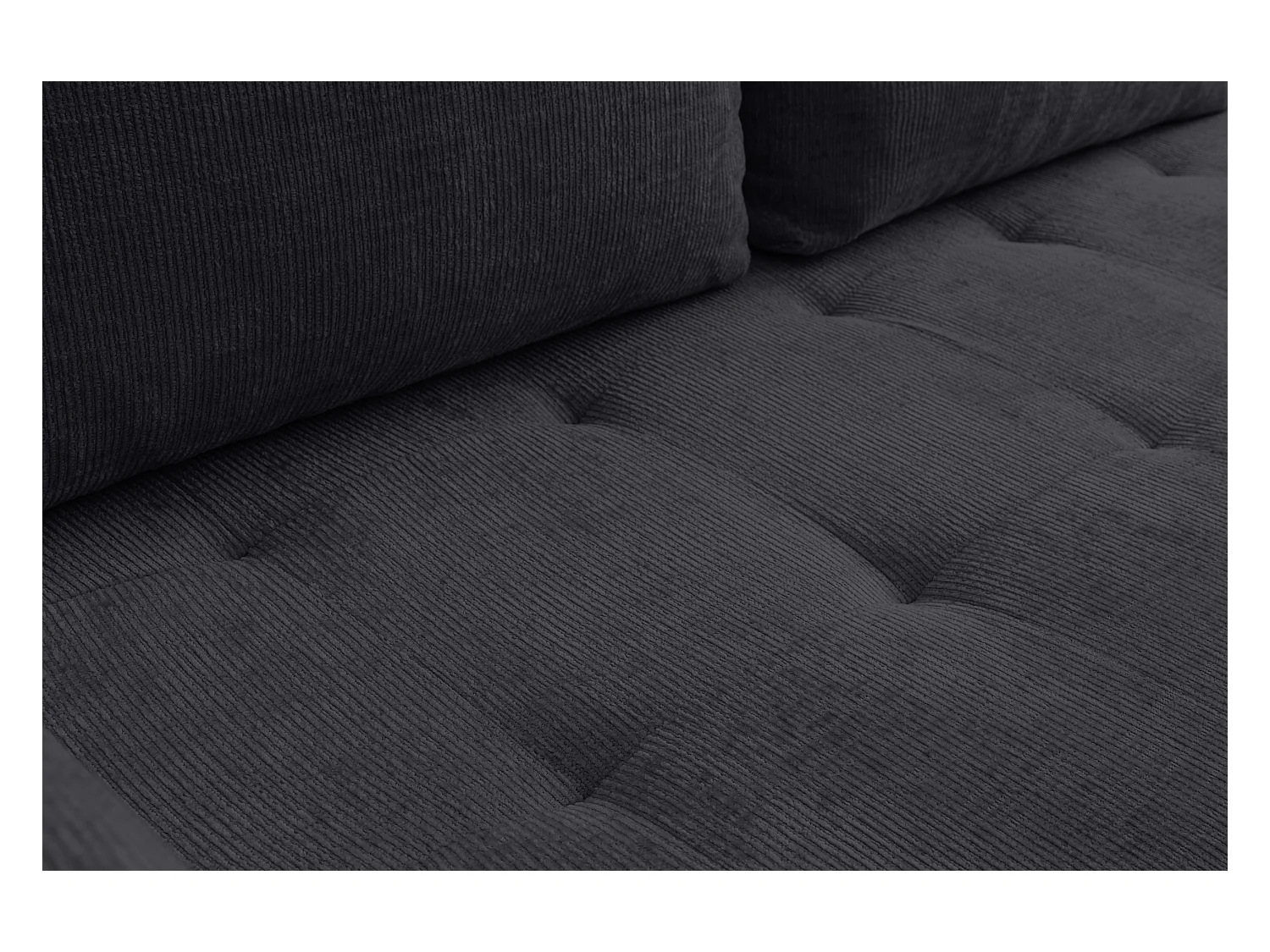 Canapé d'angle Lucky avec fonction couchage et coffre de rangement, couleur : noir, tissu structuré, pouf à gauche ou à droite