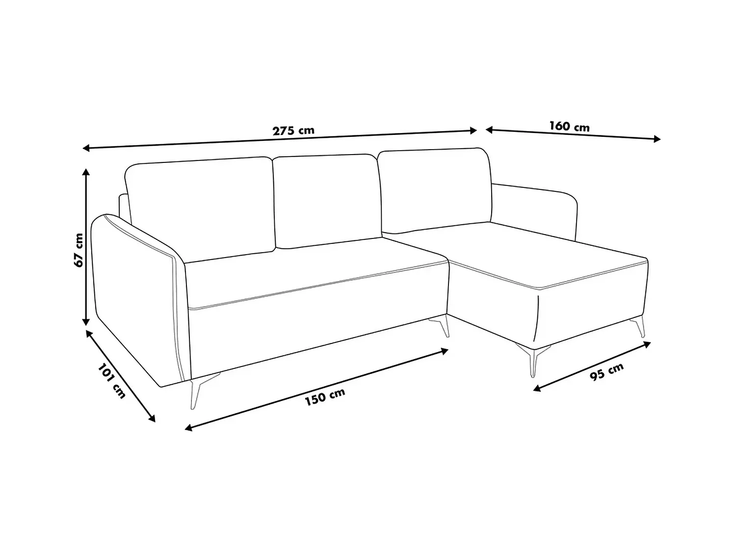 Canapé d'angle Lucky avec fonction couchage et coffre de rangement, couleur : noir, tissu structuré, pouf à gauche ou à droite