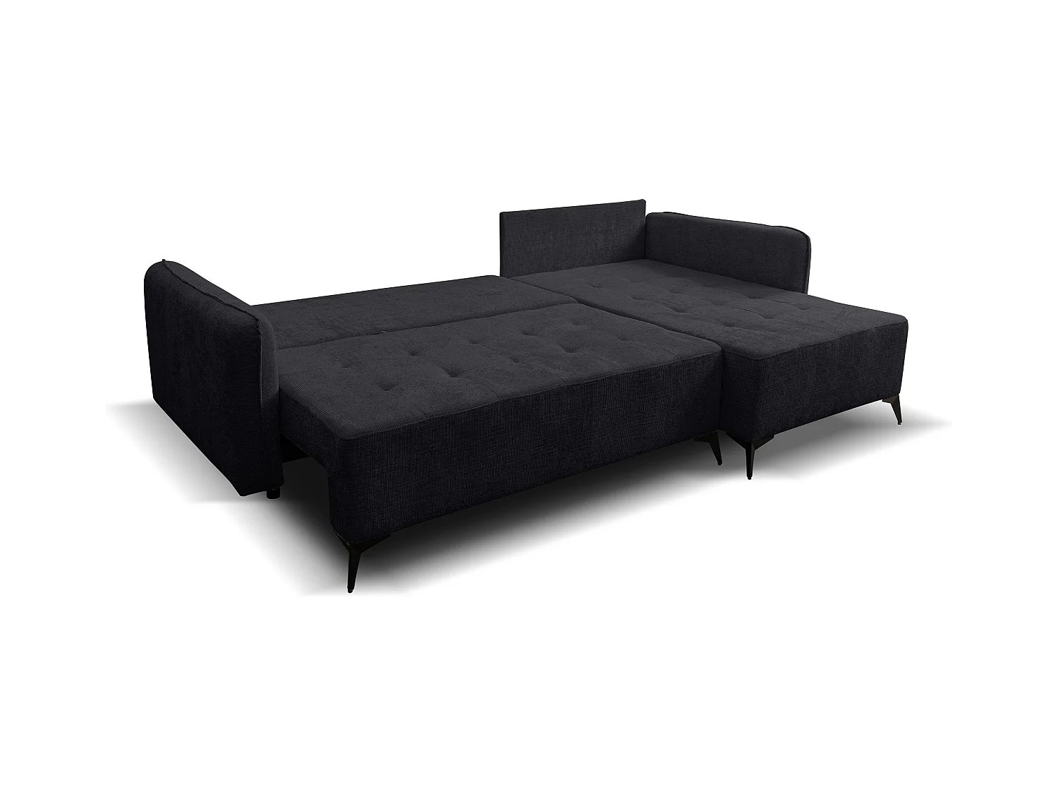 Canapé d'angle Lucky avec fonction couchage et coffre de rangement, couleur : noir, tissu structuré, pouf à gauche ou à droite