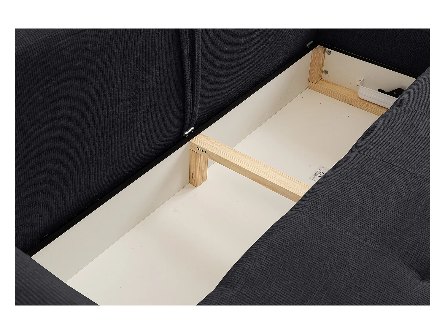 Canapé d'angle Lucky avec fonction couchage et coffre de rangement, couleur : noir, tissu structuré, pouf à gauche ou à droite