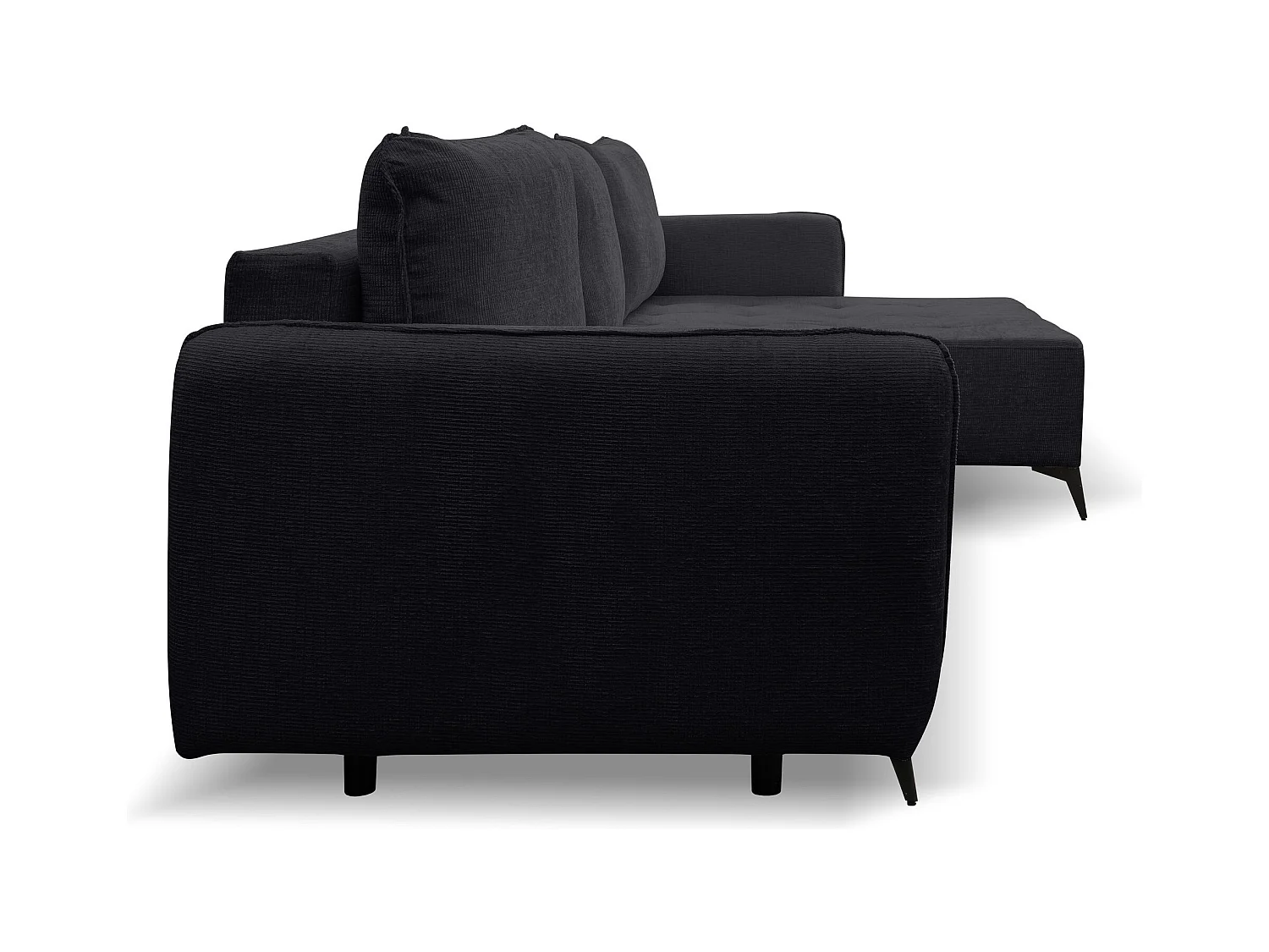 Canapé d'angle Lucky avec fonction couchage et coffre de rangement, couleur : noir, tissu structuré, pouf à gauche ou à droite