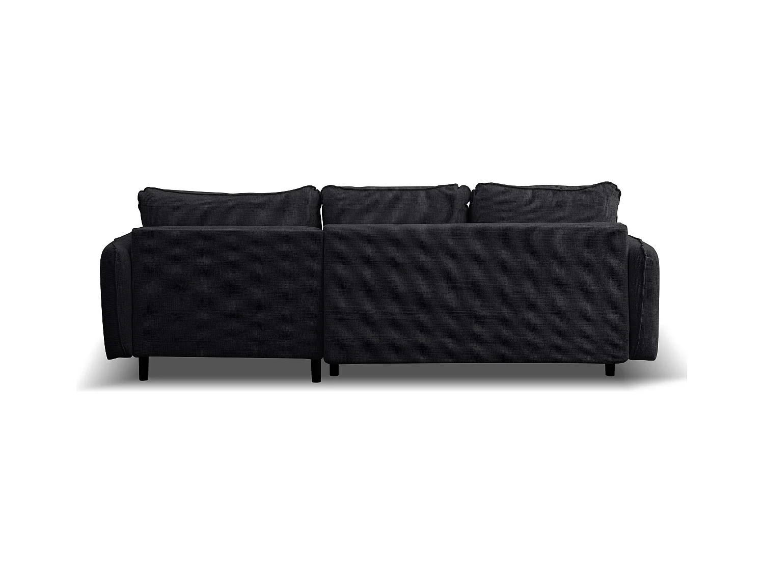 Canapé d'angle Lucky avec fonction couchage et coffre de rangement, couleur : noir, tissu structuré, pouf à gauche ou à droite