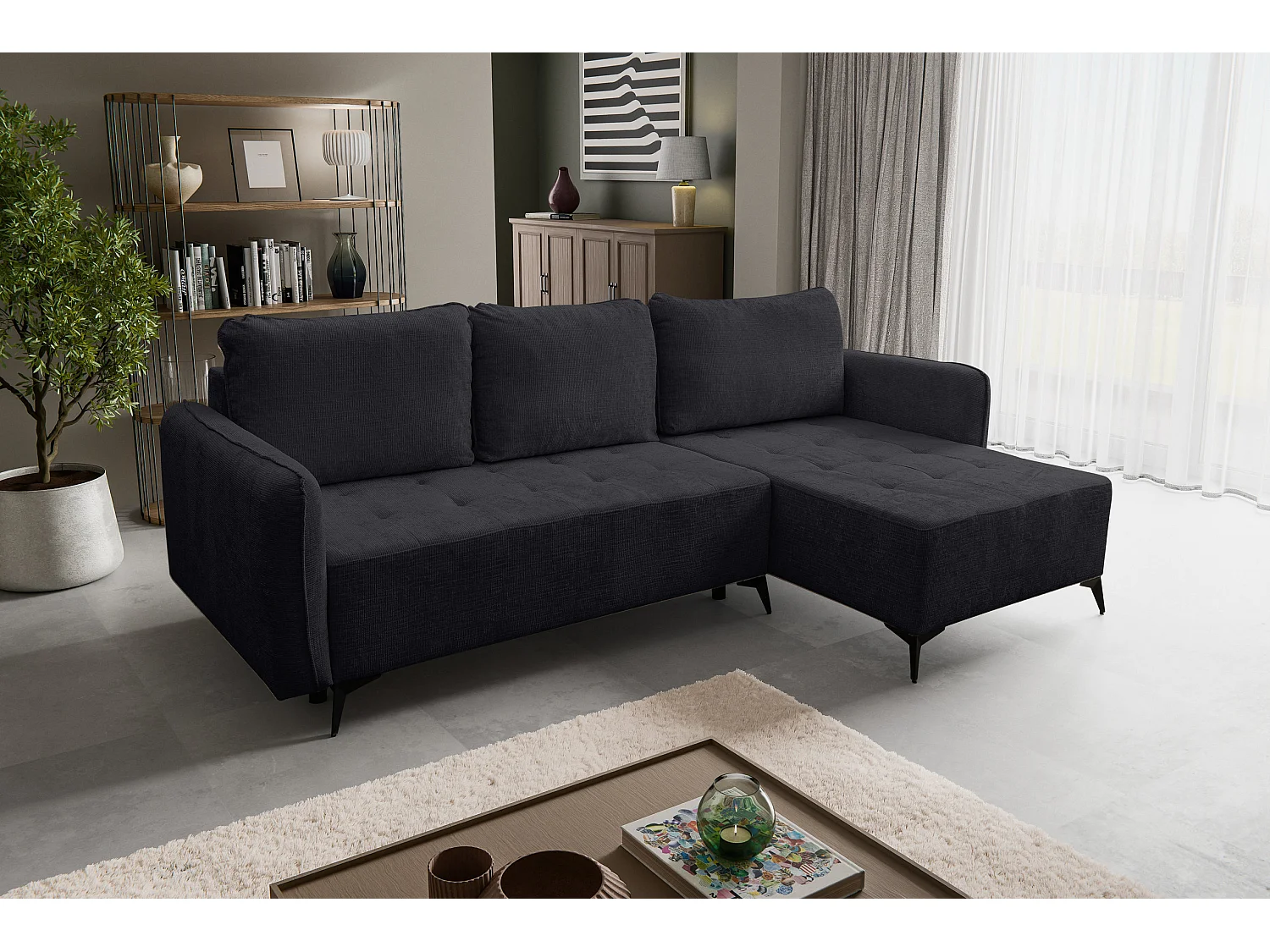 Canapé d'angle Lucky avec fonction couchage et coffre de rangement, couleur : noir, tissu structuré, pouf à gauche ou à droite