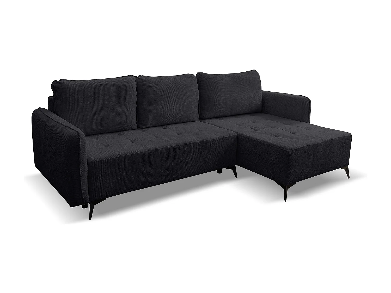 Canapé d'angle Lucky avec fonction couchage et coffre de rangement, couleur : noir, tissu structuré, pouf à gauche ou à droite