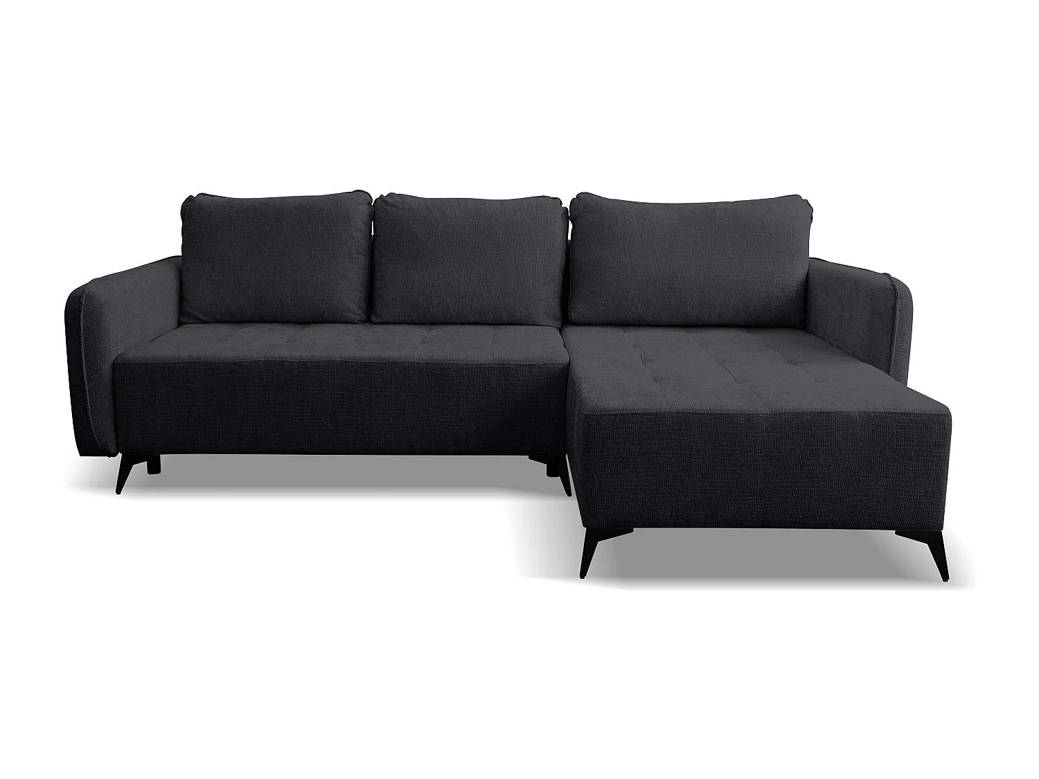 Canapé d'angle Lucky avec fonction couchage et coffre de rangement, couleur : noir, tissu structuré, pouf à gauche ou à droite