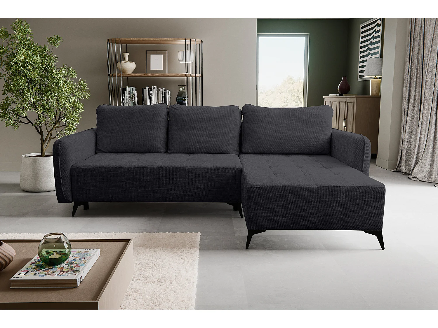 Canapé d'angle Lucky avec fonction couchage et coffre de rangement, couleur : noir, tissu structuré, pouf à gauche ou à droite