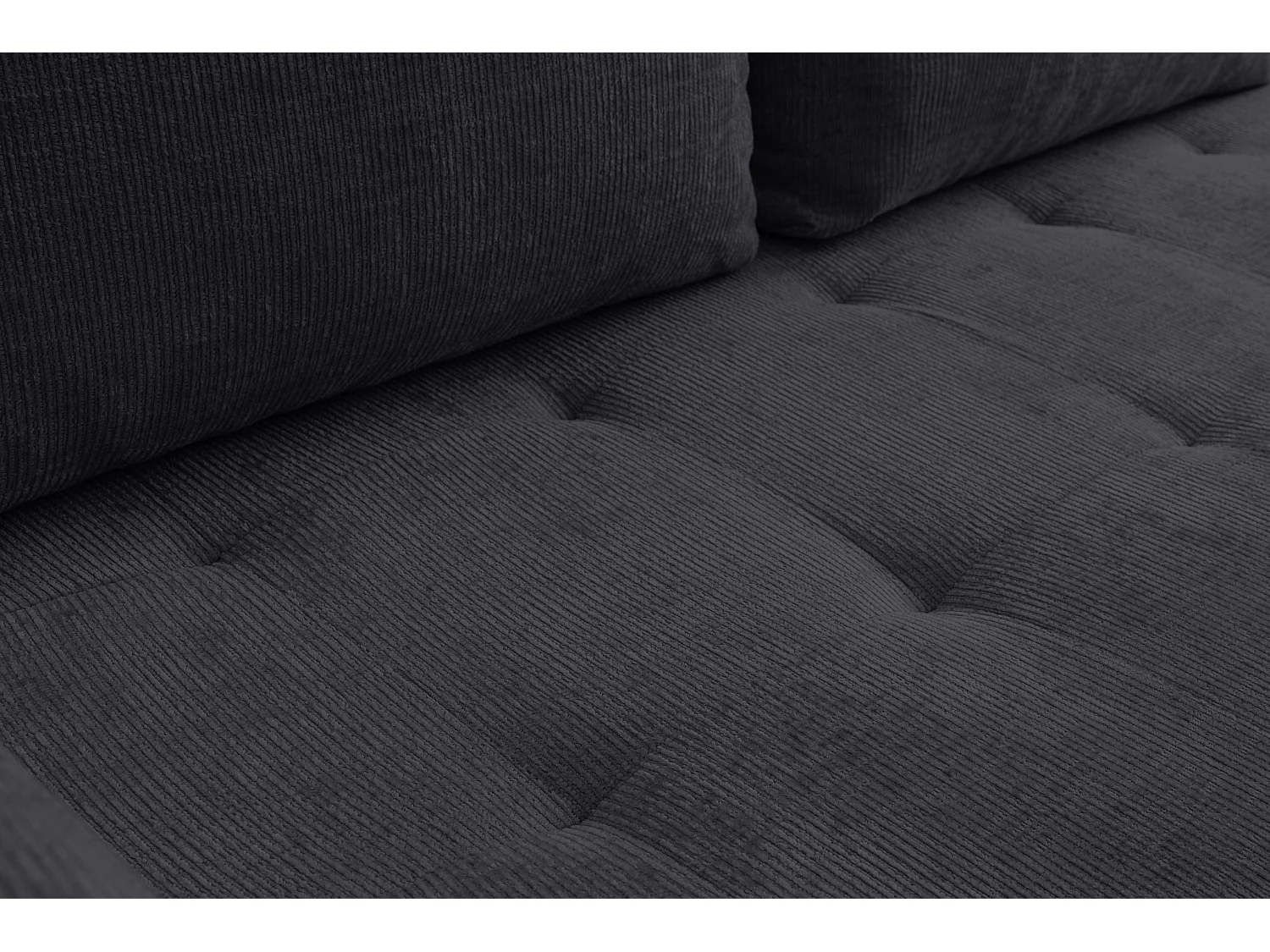 Canapé d'angle Lucky avec fonction couchage et coffre de rangement, couleur : noir, tissu structuré, pouf à gauche ou à droite